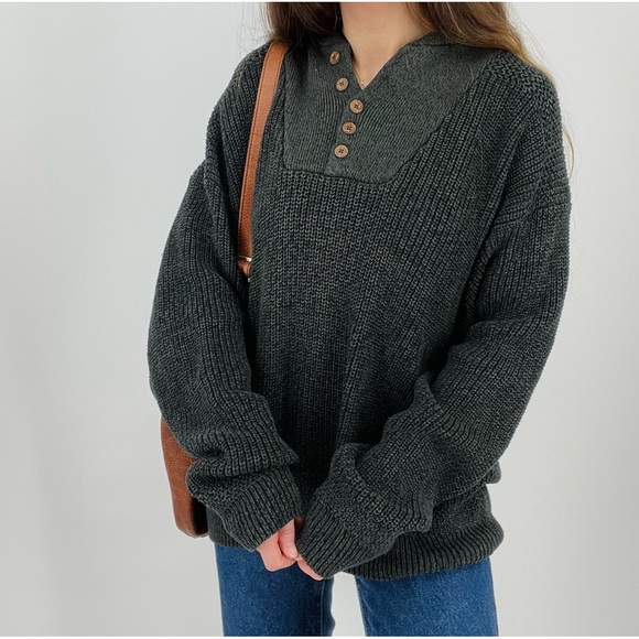 SOLD vtg oversized henley slouchy knit sweater in heathered forest green size L - Picture 6 of 7